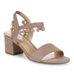Pom Pom Tan Block Heel Sandals